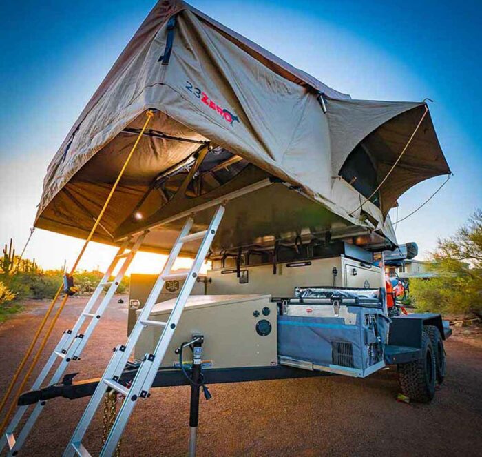 roof top tent on trailer with ladder
