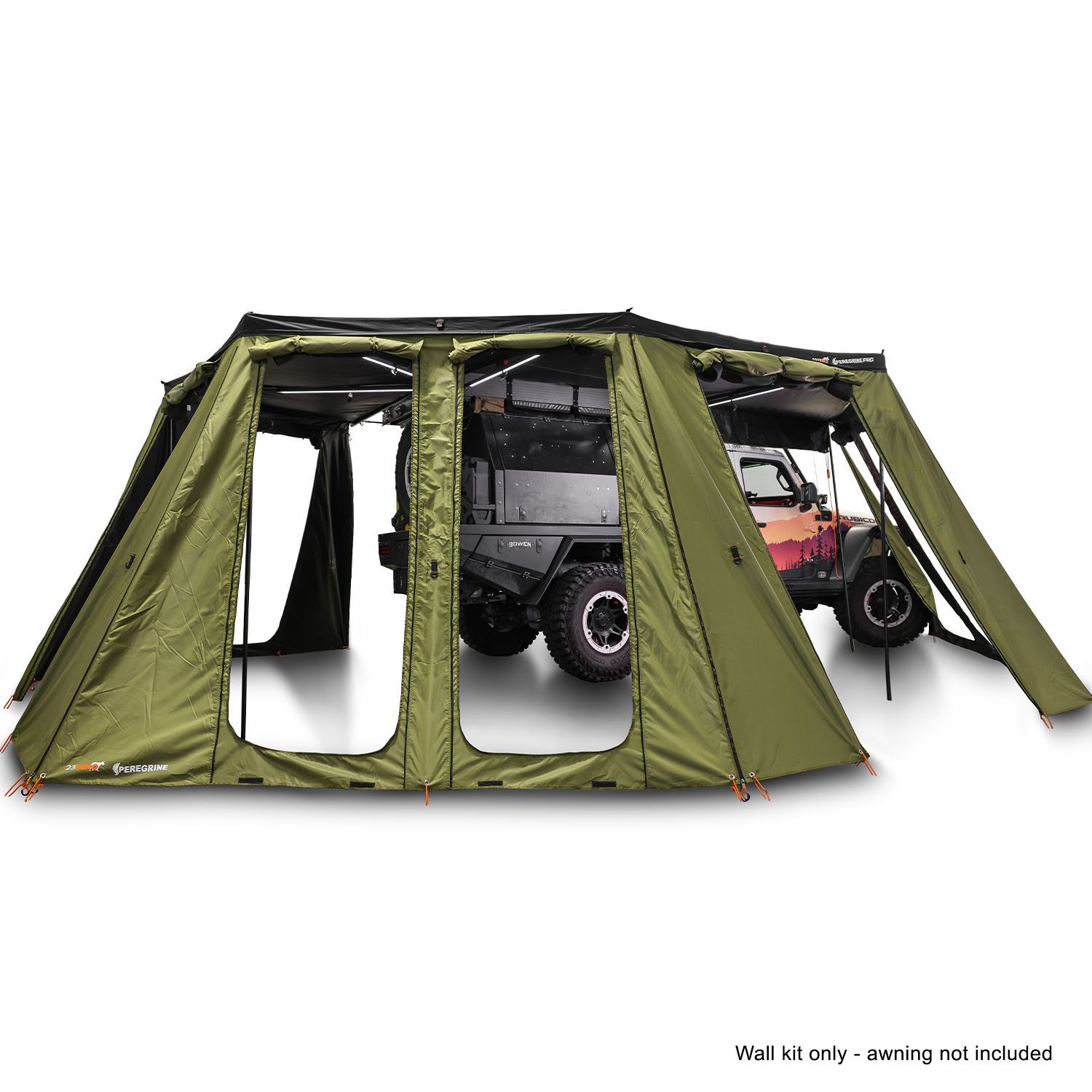 23Zero Peregrine Pro 270 Degree Awning Wall Kit With Screens on Jeep Gladiator Right Side Deployment Open
