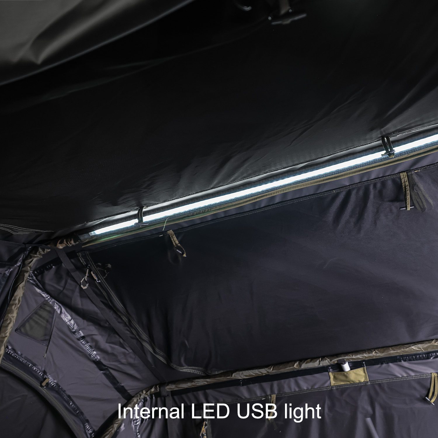23Zero Walkabout 2.0 soft shell rooftop tent LED USB light details, available in 56, 62, and 72 sizes