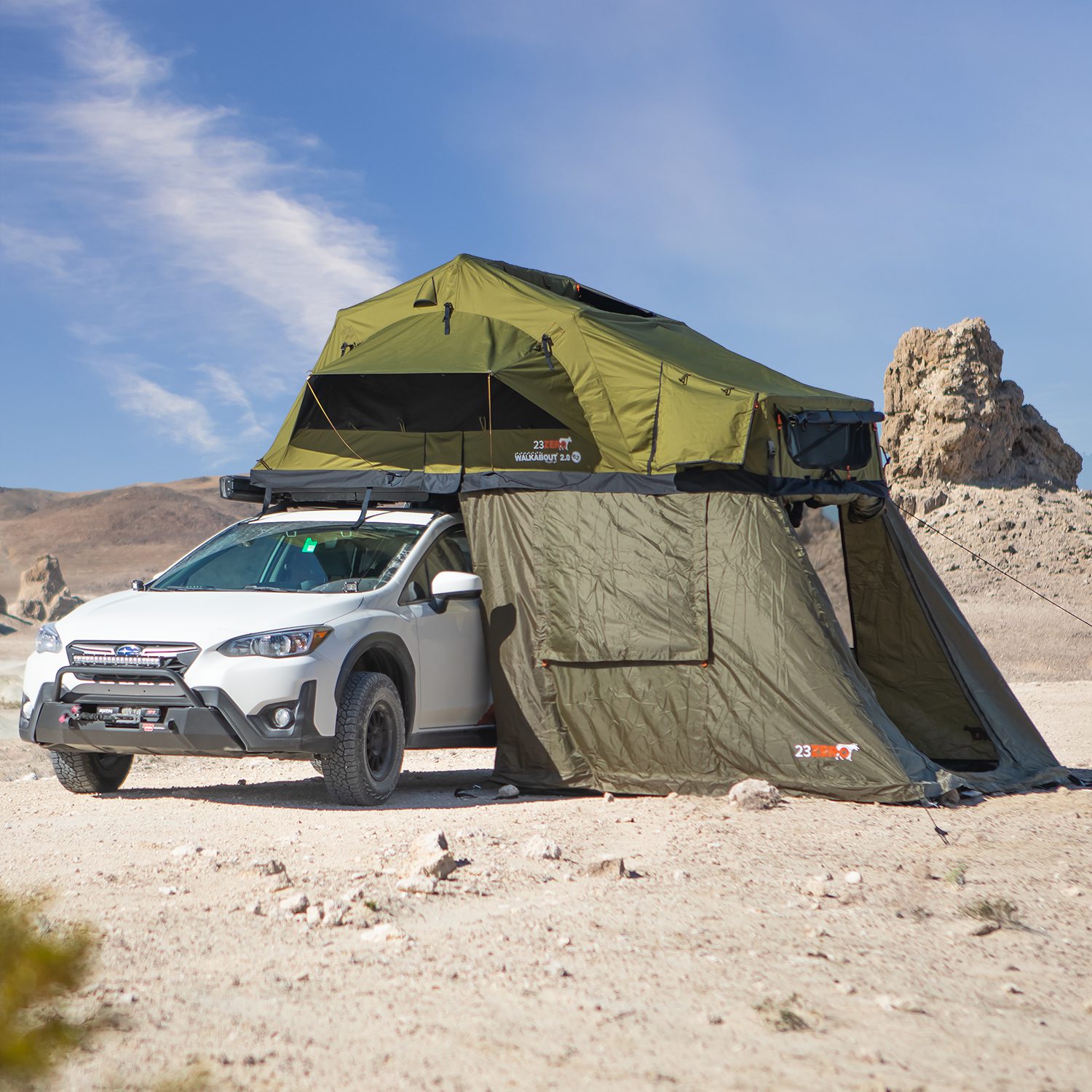 23Zero Walkabout 2.0 soft shell rooftop tent with annex on subaru in desert, available in 56, 62, and 72 sizes