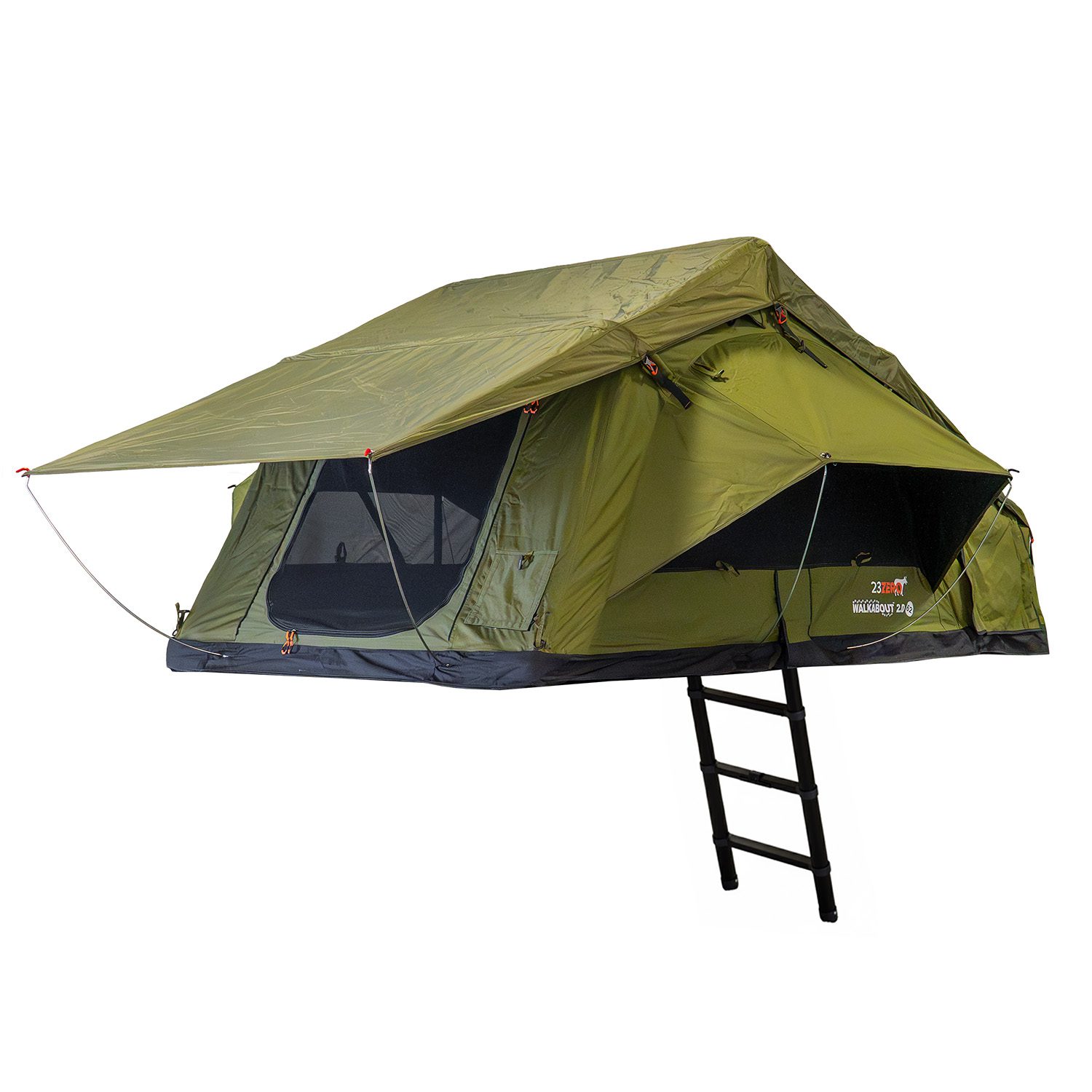 23Zero Walkabout 2.0 soft shell rooftop tent deployed angled side view, available in 56, 62, and 72 sizes