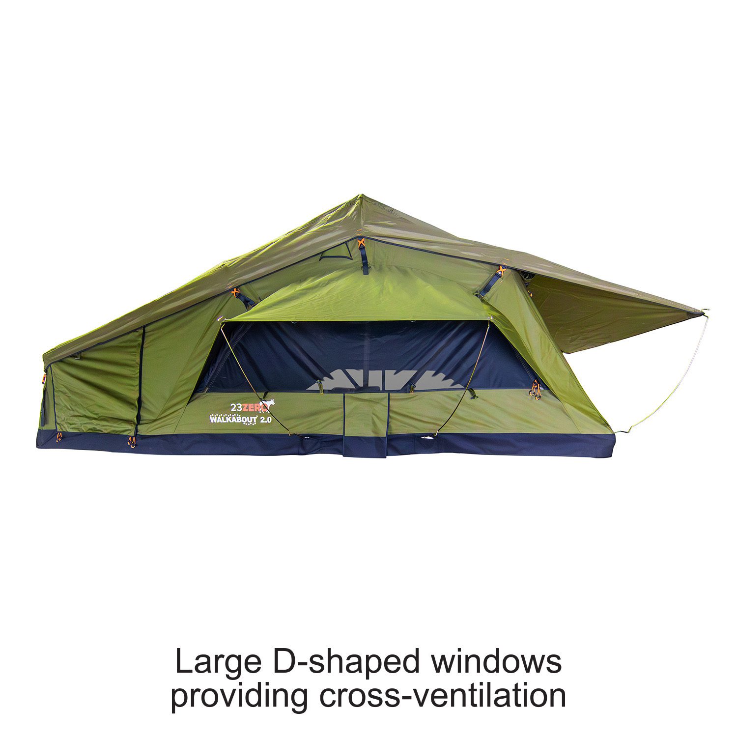 23Zero Walkabout 2.0 soft shell rooftop tent deployed side view, available in 56, 62, and 72 sizes large windows