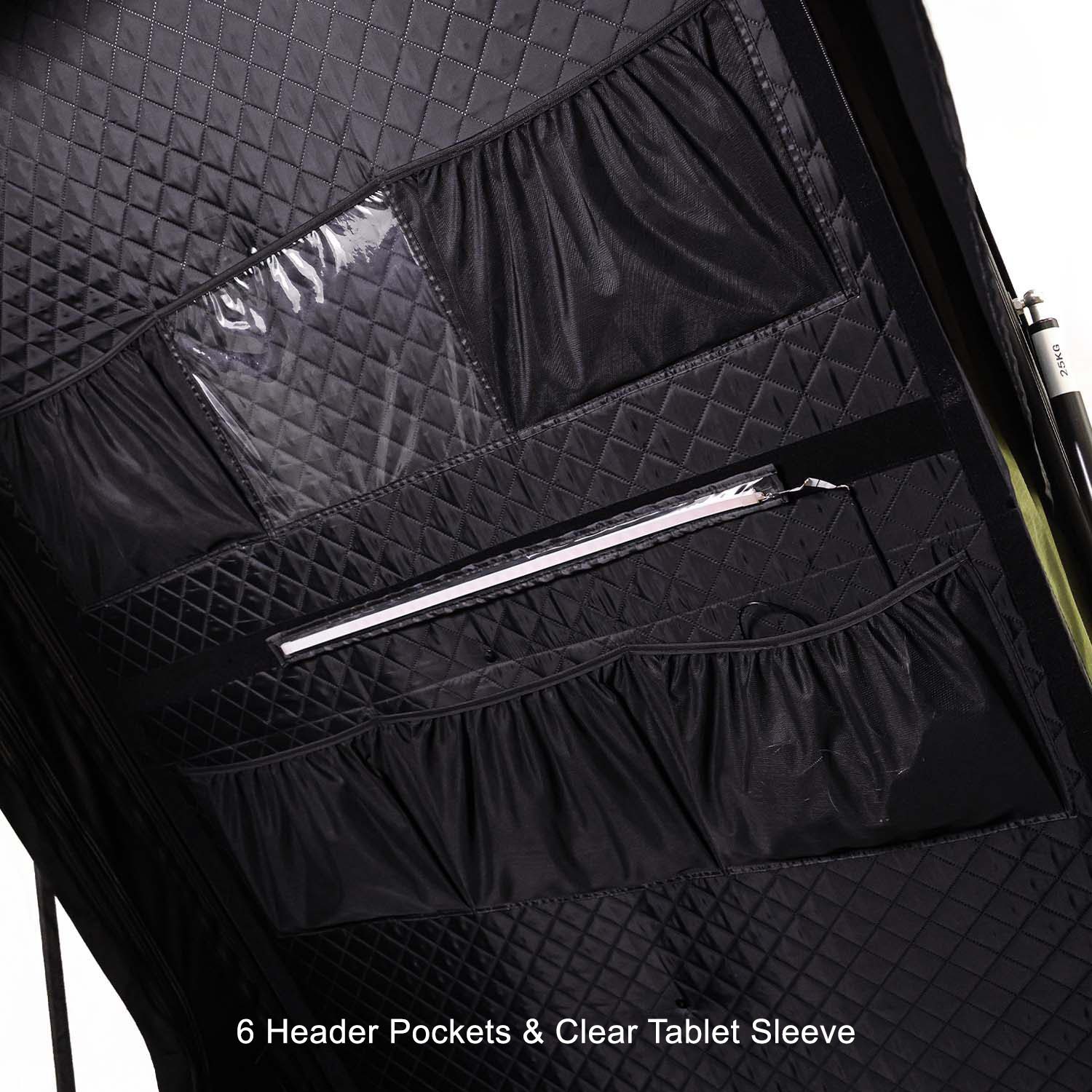 Kabari SuperFly Hybrid Wedge Lightweight Rooftop Tent Deployed 6 Header Pockets and Clear Tablet Sleeve