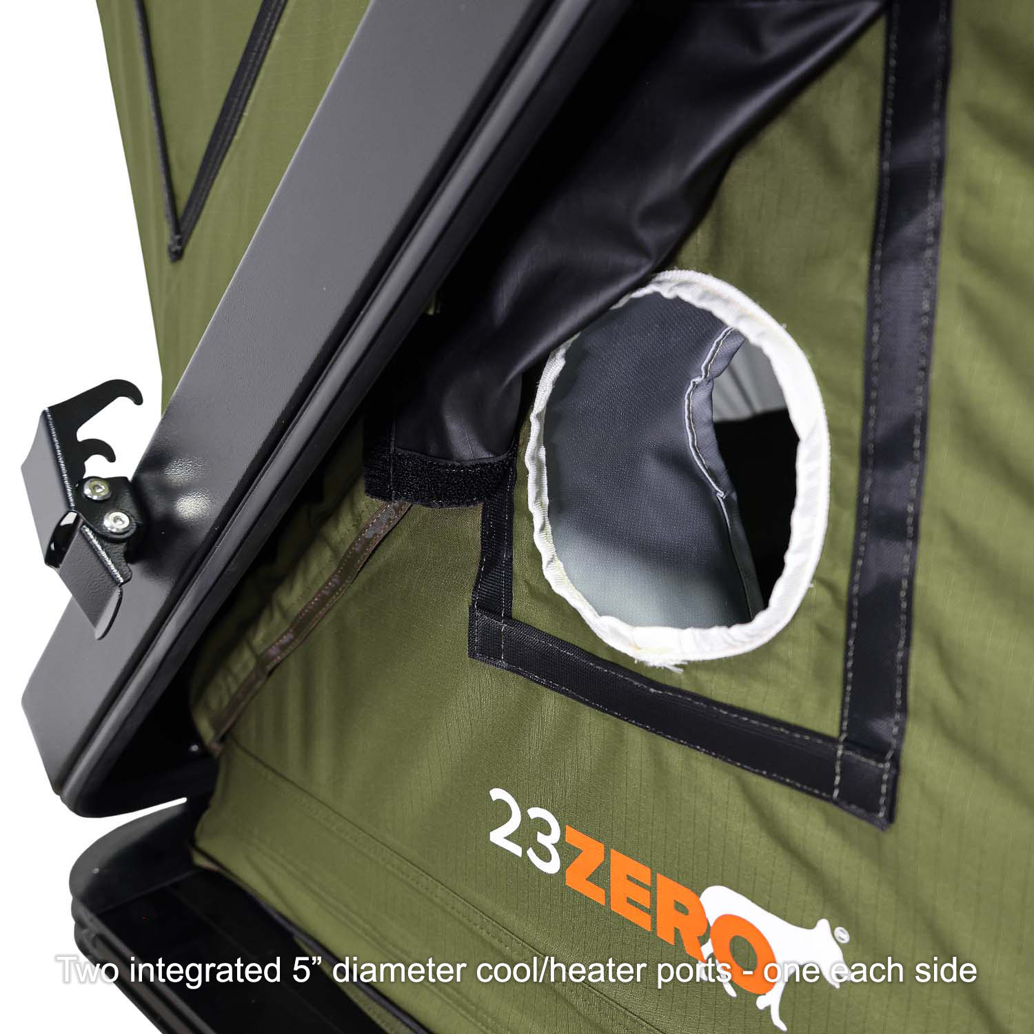 Kabari Z Aluminum Z-Lift Hard Shell Roof Tent Exterior View 5" Diameter Heater and Cooler Ports