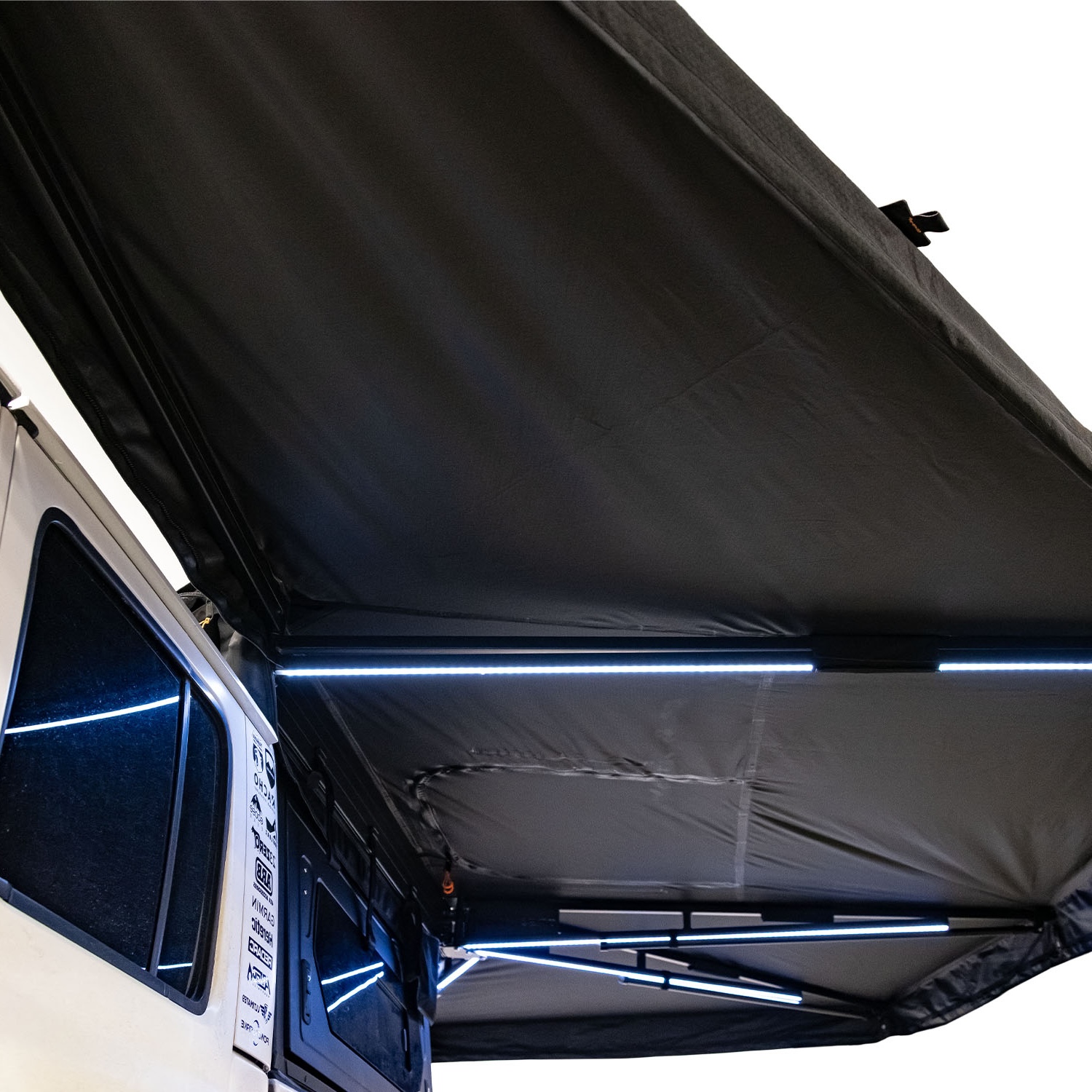 23Zero Onyx 270 Degree 6 Arm Vehicle Awning Deployed Left Side Freestanding Under Awning View