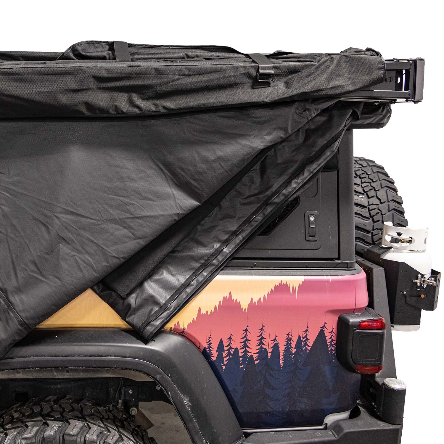 23Zero Onyx 270 Degree 6 Arm Vehicle Awning Folding Up For Storage Being Packing In Transit Cover Left Side