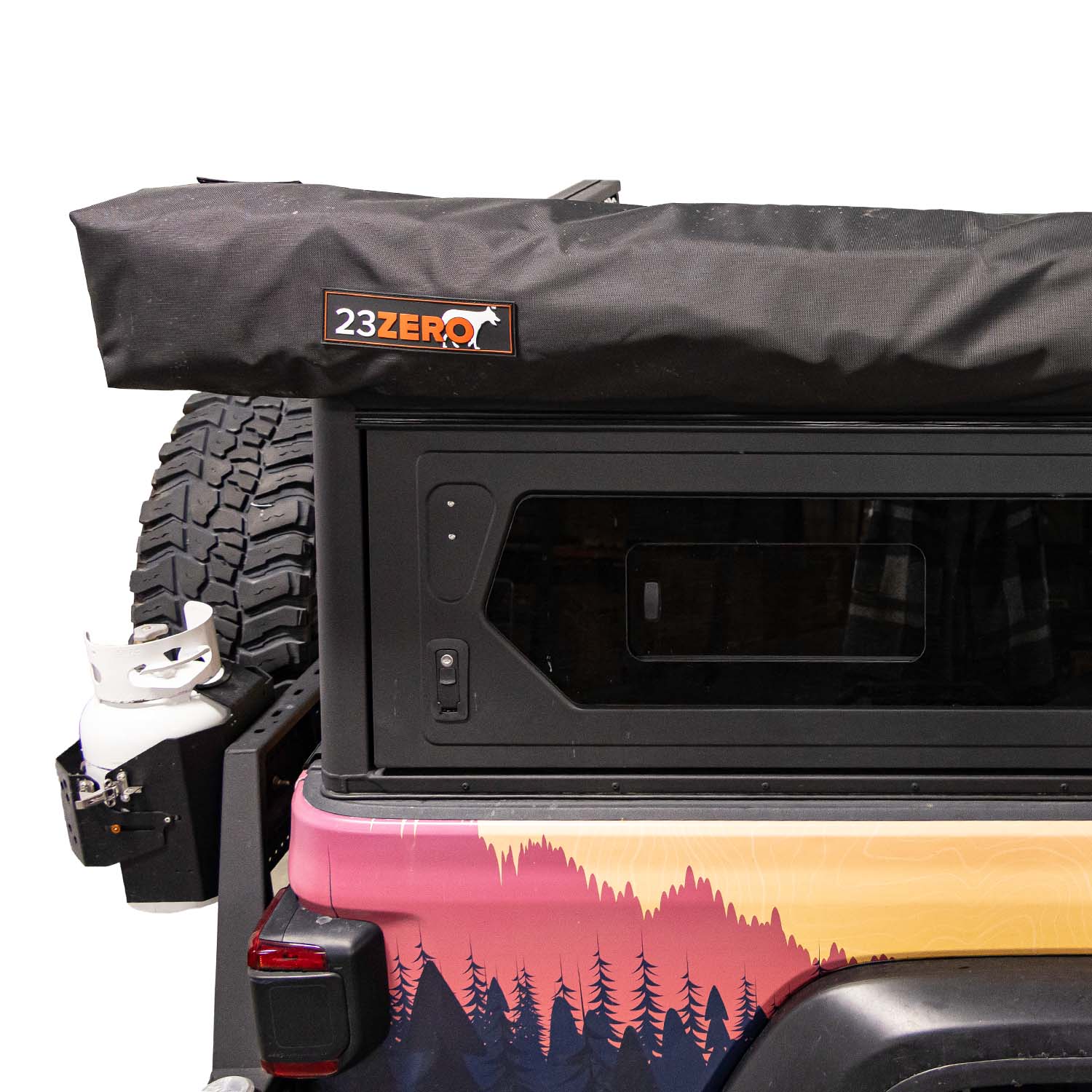 23Zero Onyx 270 Degree 6 Arm Vehicle Awning Packed Away in Transit Cover with 23Zero Logo