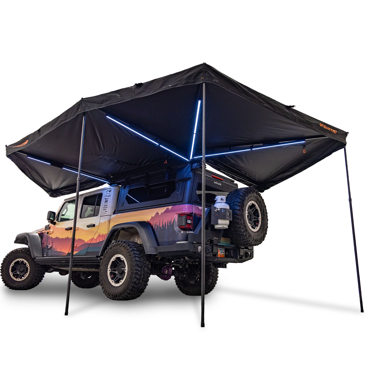 23Zero Onyx 270 Degree 6 Arm Vehicle Awning Deployed Left With Support Poles Extended