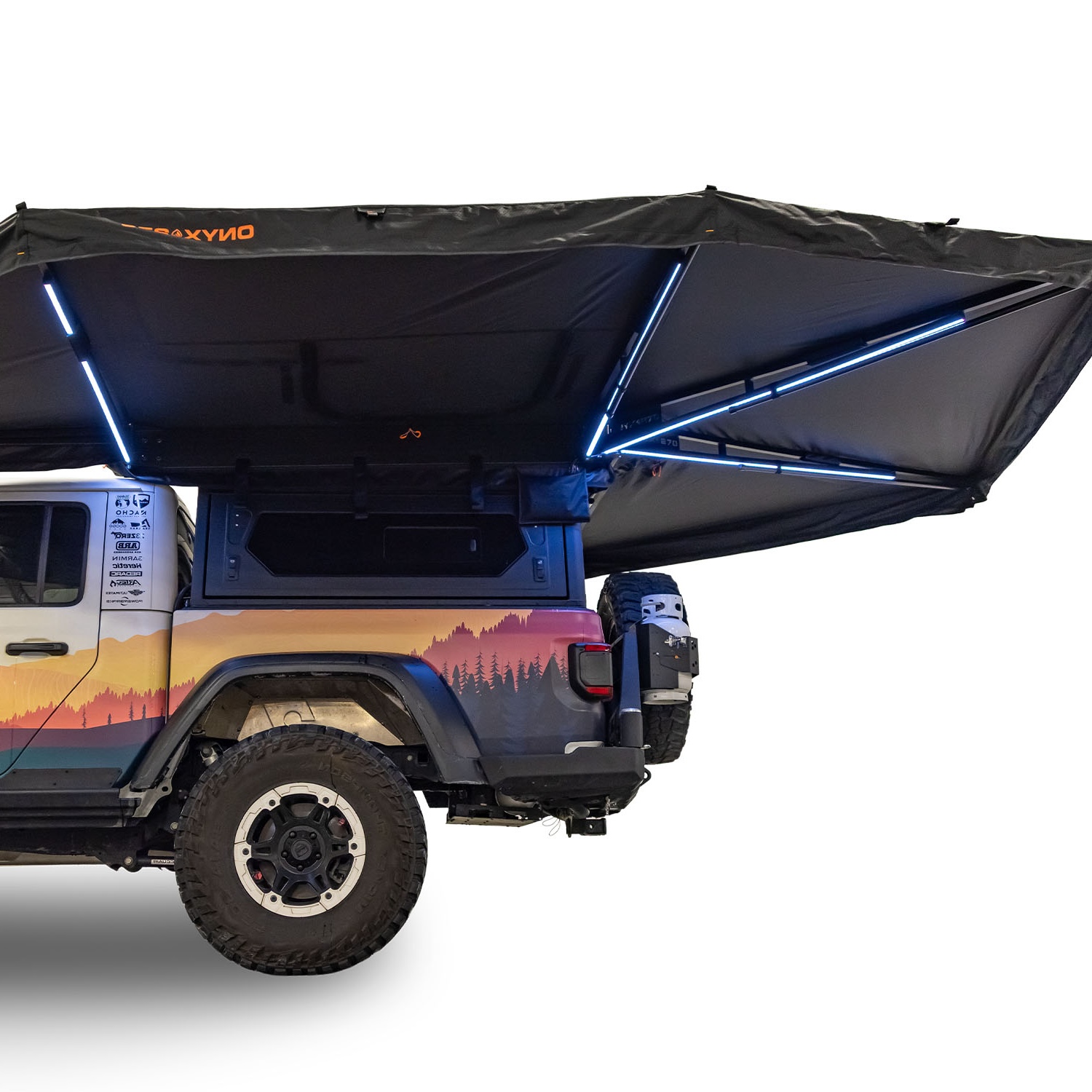 23Zero Onyx 270 Degree 6 Arm Vehicle Awning Deployed Left Freestanding Rear Side View Showing LED Lights
