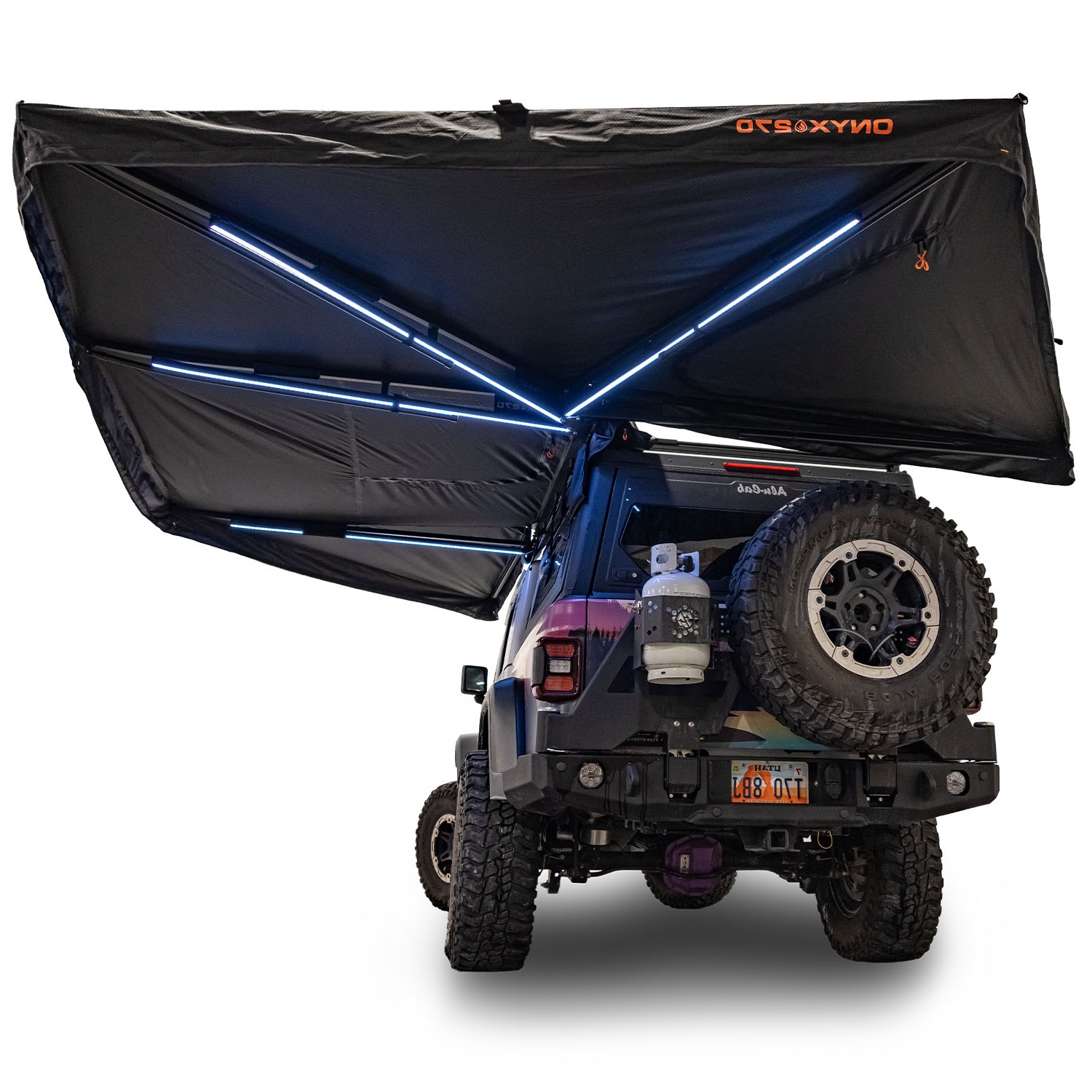 23Zero Onyx 270 Degree 6 Arm Vehicle Awning Deployed Left Freestanding Rear View Showing LED Lights