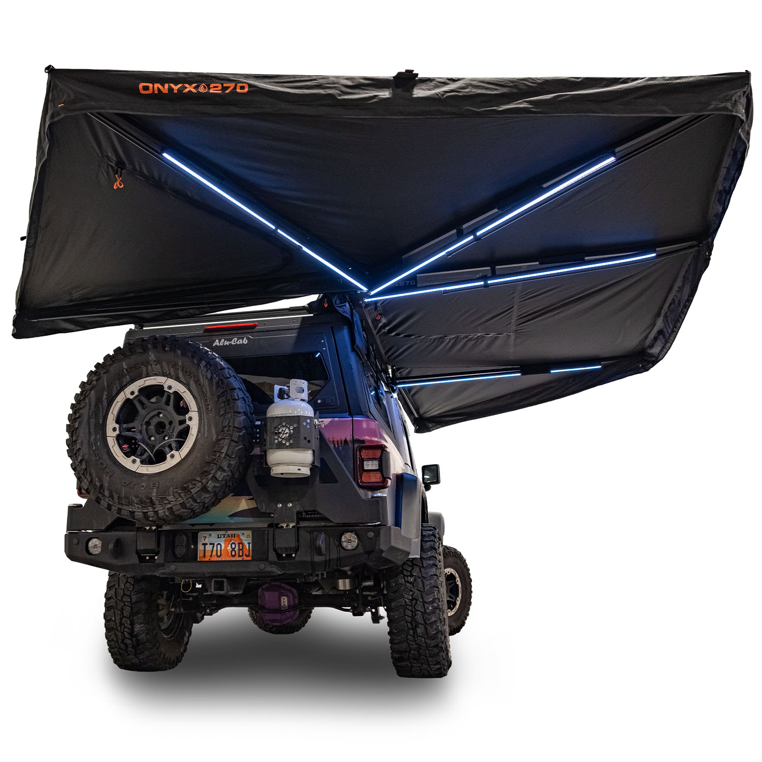 23Zero Onyx 270 Degree 6 Arm Vehicle Awning Deployed Right Freestanding Rear View Showing LED Lights