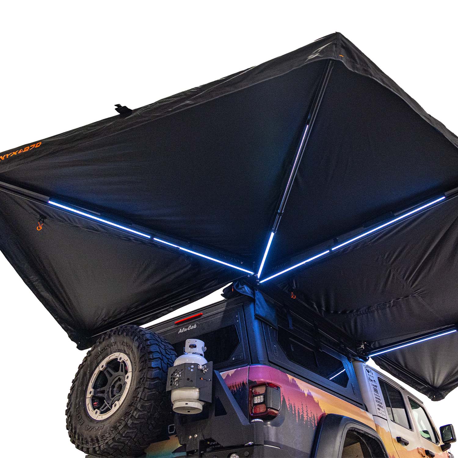 23Zero Onyx 270 Degree 6 Arm Vehicle Awning Deployed Right Freestanding Rear View Truss Arms and LED Lights