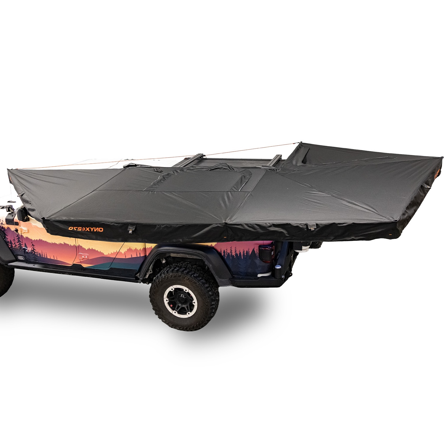23Zero Onyx 270 Degree 6 Arm Vehicle Awning Deployed Left Side Freestanding Overhead View