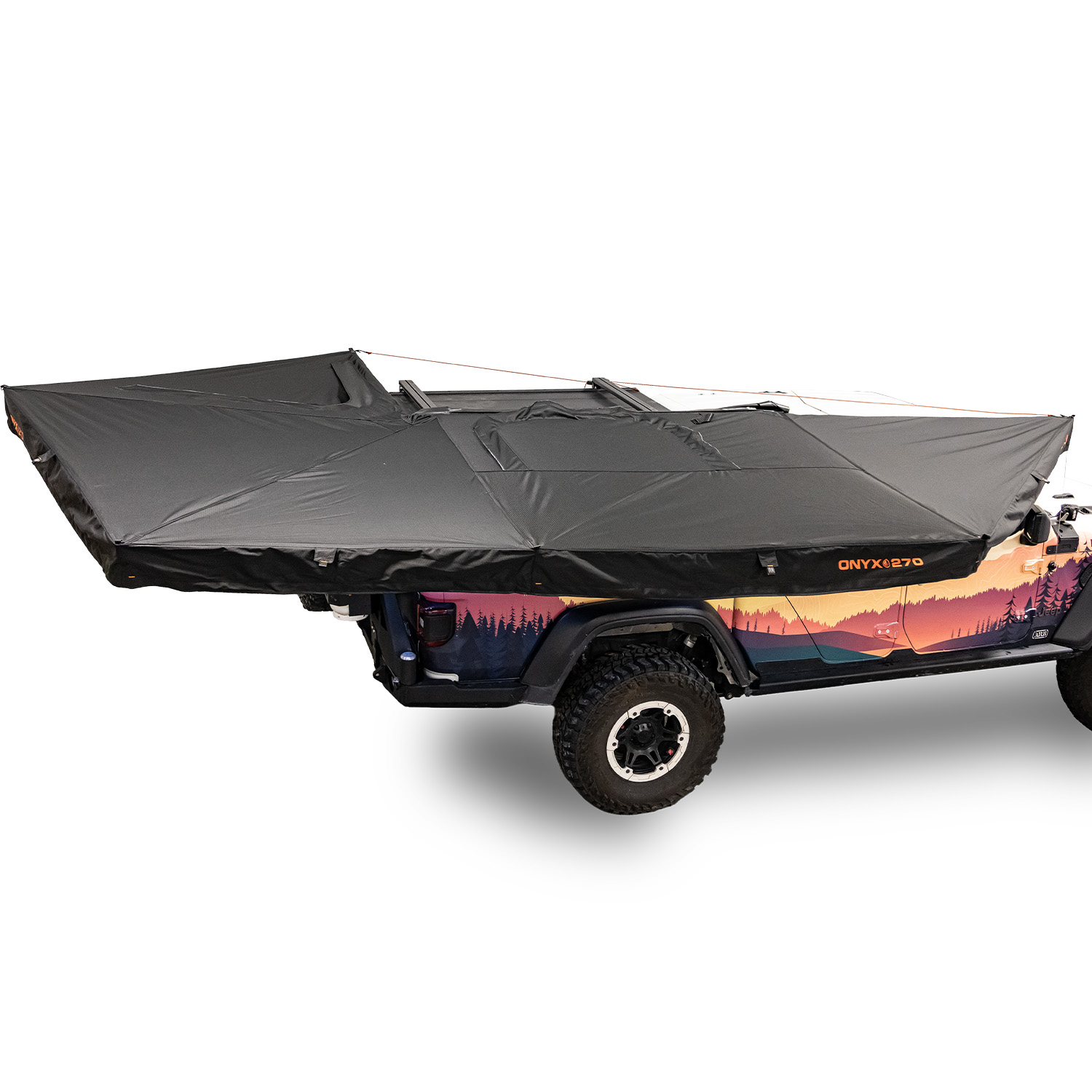 23Zero Onyx 270 Degree 6 Arm Vehicle Awning Deployed Right Side Freestanding Overhead View
