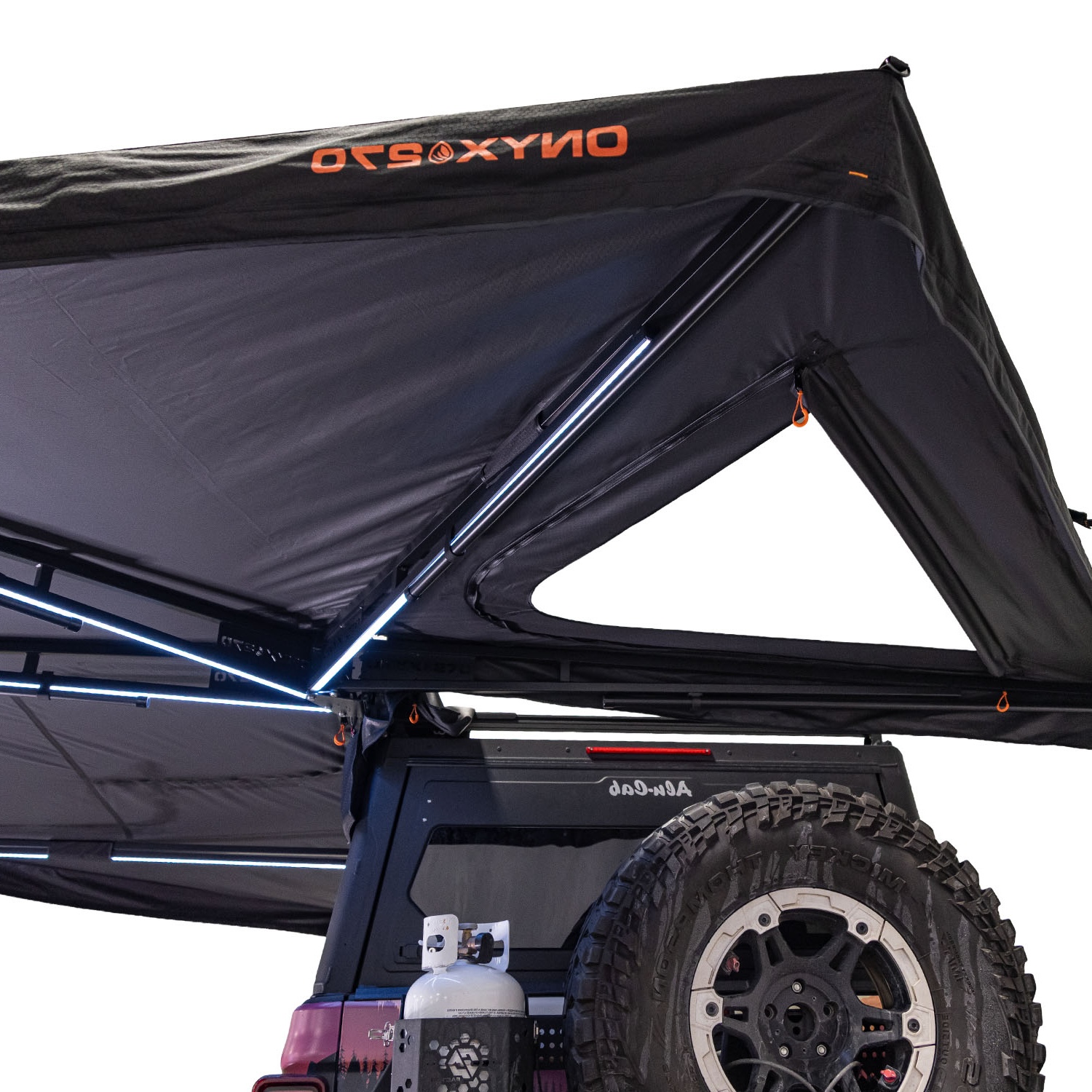 23Zero Onyx 270 Degree 6 Arm Vehicle Awning Deployed Left Side Freestanding Truss Arms and Logo Detail with Rear Pass Through