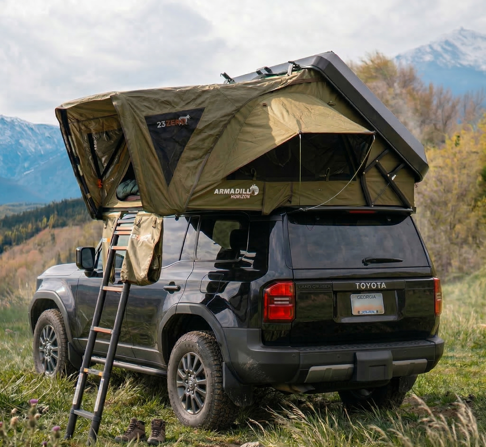 23Zero Armadillo Horizon Hard Shell Rooftop Tent mounted on Toyota Land Cruiser LC250