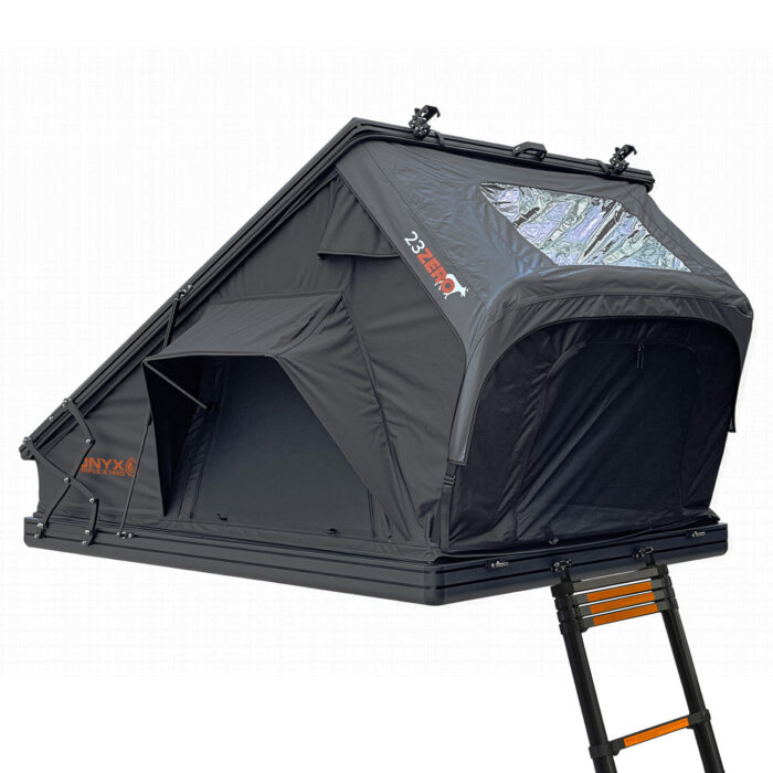 23Zero Onyx Triple X 1450 Hard Shell Low Profile Wedge Style Rooftop Tent Deployed Angled Right